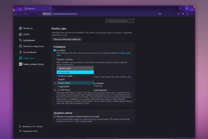 V záložke Firefox Lab sú experimentálne funkcie, medzi inými aj integrácia AI četbota (foto: redakcia)