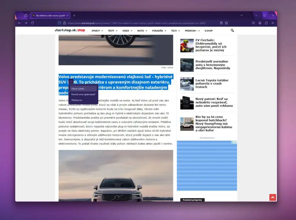 Stačí označiť myškou text a Firefox vám ponúkne možnosť použiť ho ako základný prompt pre AI (foto: redakcia)