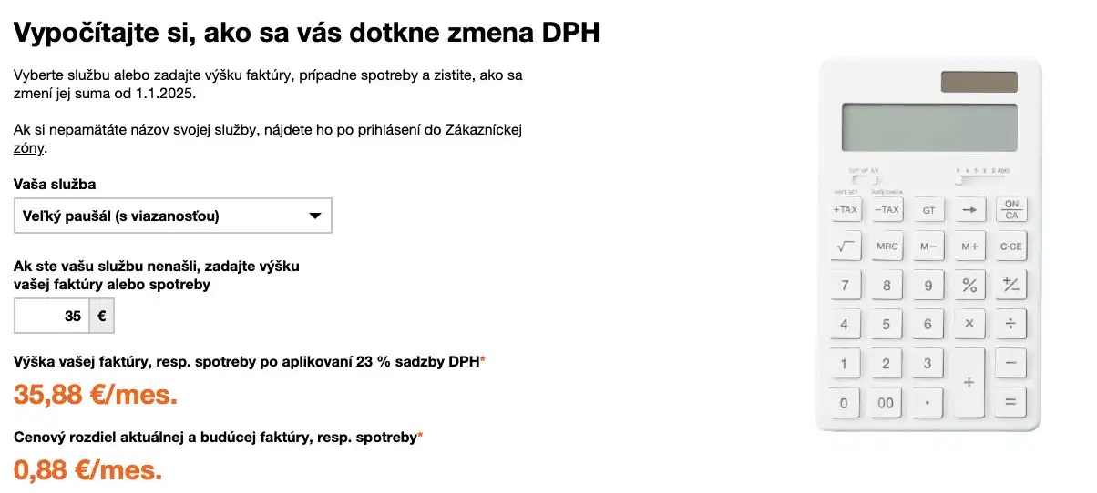 Orange zvysenie dane kalkulacka