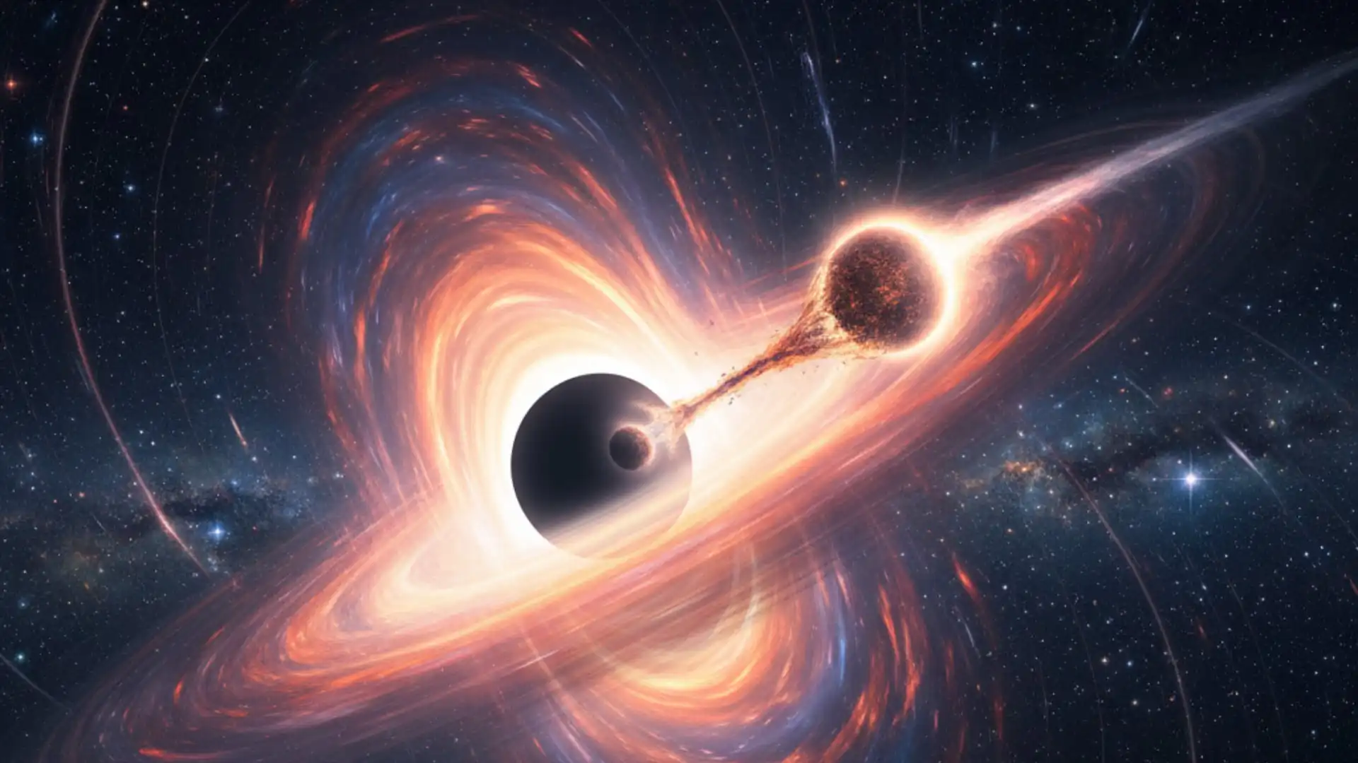 Vizualizácia čiernej diery pohlcujúcej hviezdu.