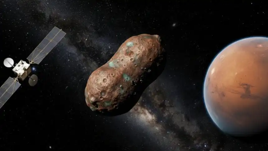 Ilustrácia preletu asteroidu okolo Marsu a jeho pozorovania vesmírnou sondou.