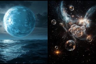 Vizualizácia exoplanéty s oceánom a molekúl vo vesmíre.