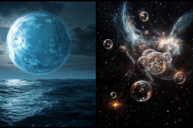 Vizualizácia exoplanéty s oceánom a molekúl vo vesmíre.