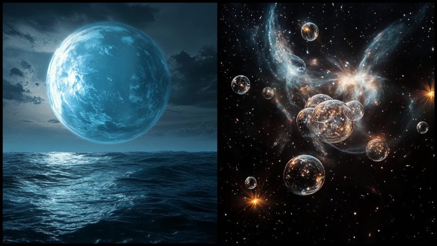 Vizualizácia exoplanéty s oceánom a molekúl vo vesmíre.