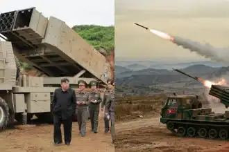Kim Čong-un pri novom severokórejskom raketomete vľavo, vizualizácia armádneho raketometu vpravo.