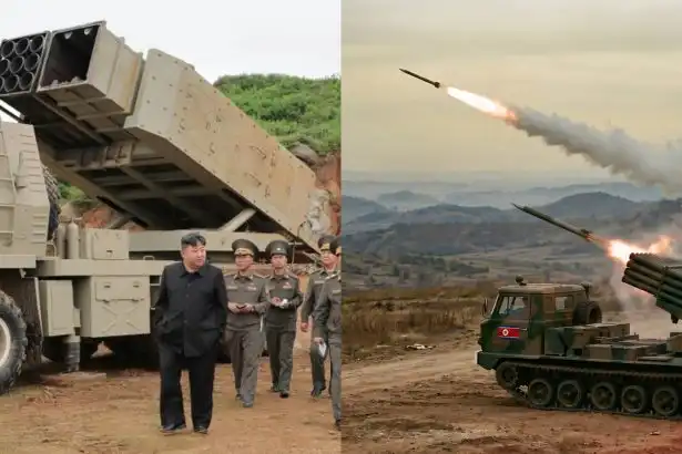 Kim Čong-un pri novom severokórejskom raketomete vľavo, vizualizácia armádneho raketometu vpravo.