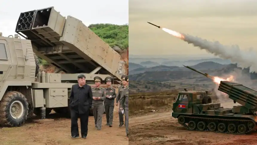 Kim Čong-un pri novom severokórejskom raketomete vľavo, vizualizácia armádneho raketometu vpravo.